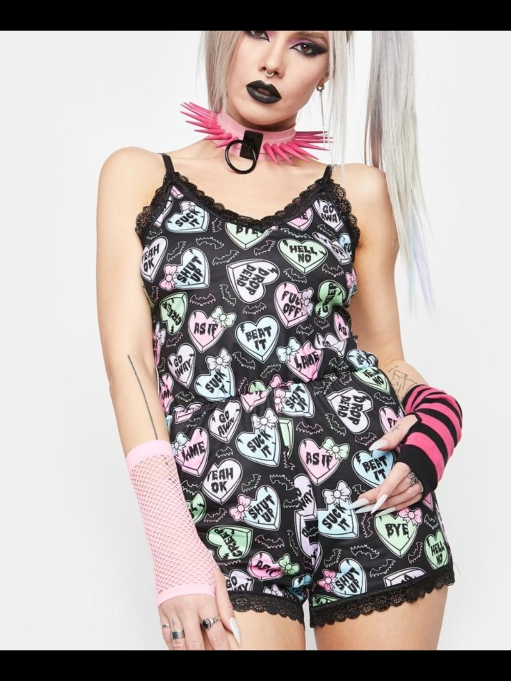 Too Fast Black Heart-Print Lace-Trim Romper Pjs - Women's